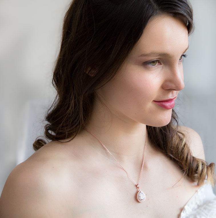 Collier mariage goutte or rose cristal Swarovski, bijoux mariage « Amandine » – Image 2
